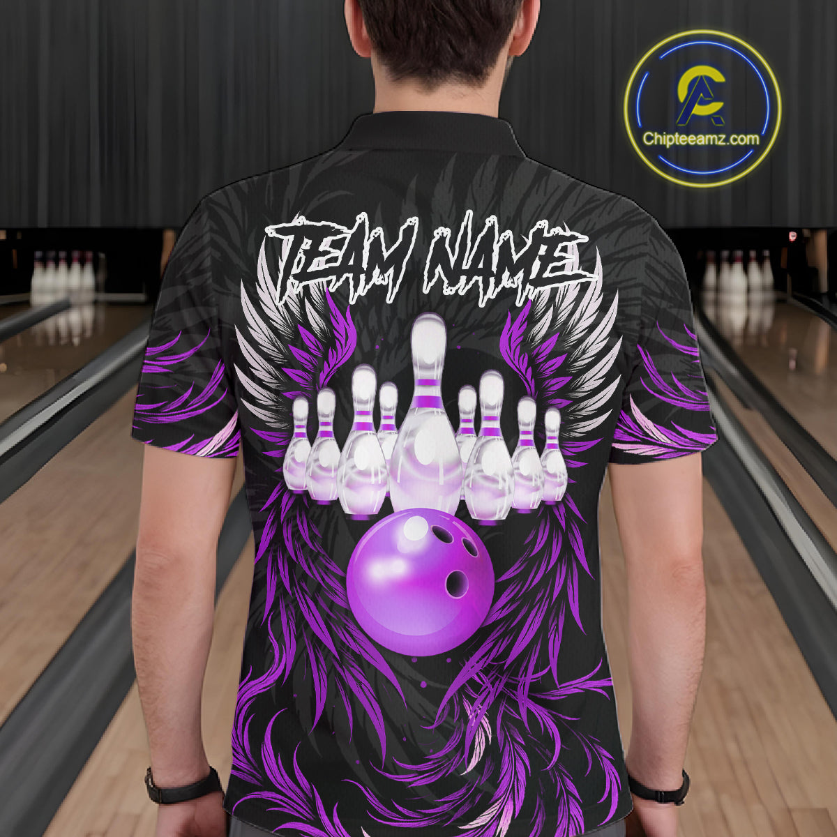 Man wearing black and purple phoenix wings bowling polo shirt back view.