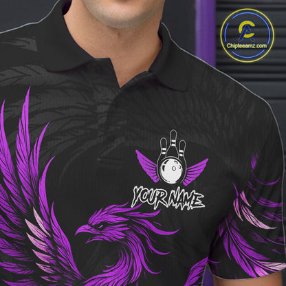 Close up of black and purple phoenix wings bowling polo shirt collar, buttons and chest design.