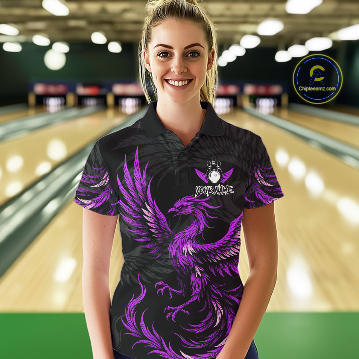 Woman wearing black and purple phoenix wings bowling polo shirt front view.
