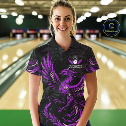 Woman wearing black and purple phoenix wings bowling polo shirt front view.