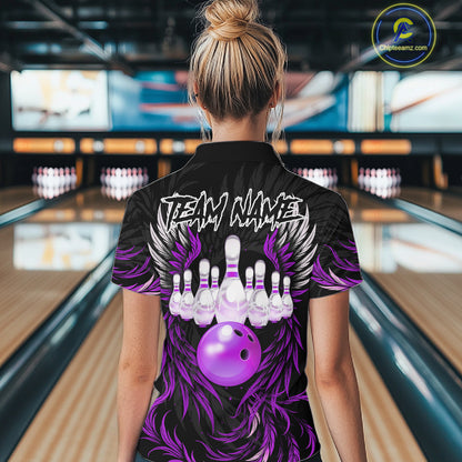 Woman wearing black and purple phoenix wings bowling polo shirt back view.