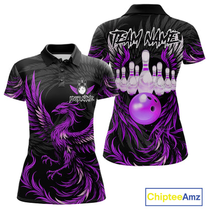 Black and purple phoenix wings bowling polo shirt for women, custom bowling team jersey.