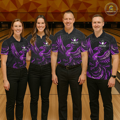 Bowling team wearing matching black and purple phoenix wings jerseys front view.