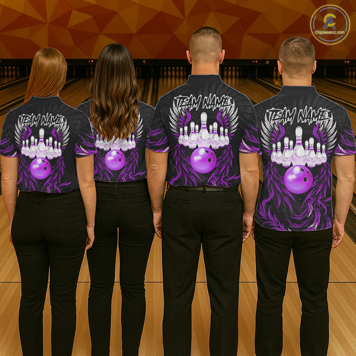 Bowling team wearing matching black and purple phoenix wings jerseys back view.