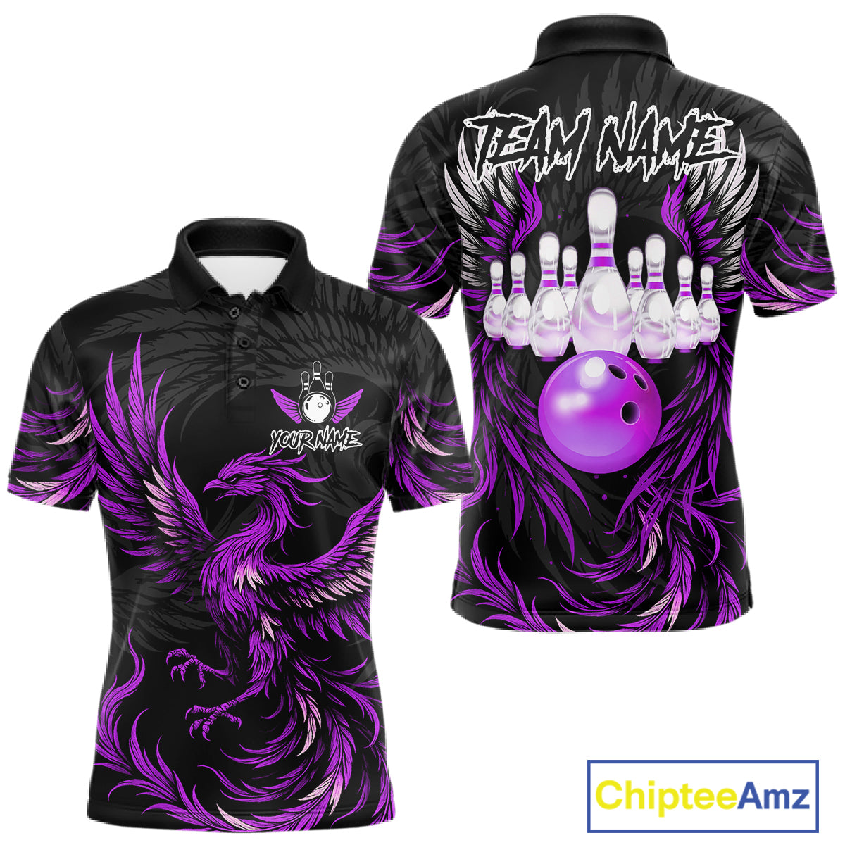 Black and purple phoenix wings bowling polo shirt for men, custom bowling team jersey.