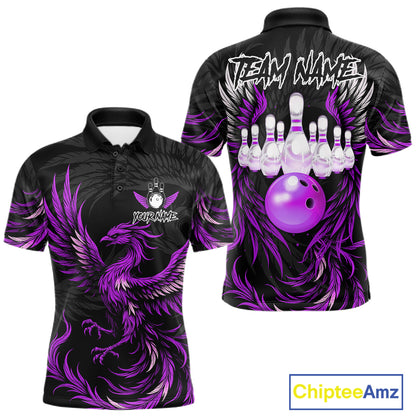 Black and purple phoenix wings bowling polo shirt for men, custom bowling team jersey.