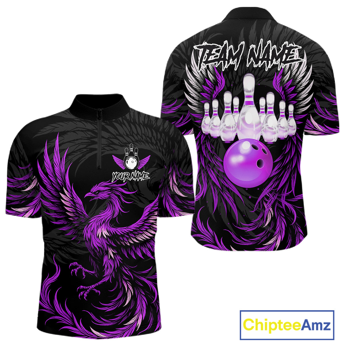 Black and purple phoenix wings bowling quarter zip shirt for men.