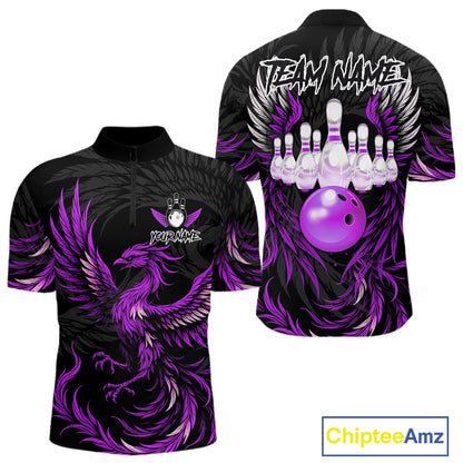 Black and purple phoenix wings bowling quarter zip shirt for men.
