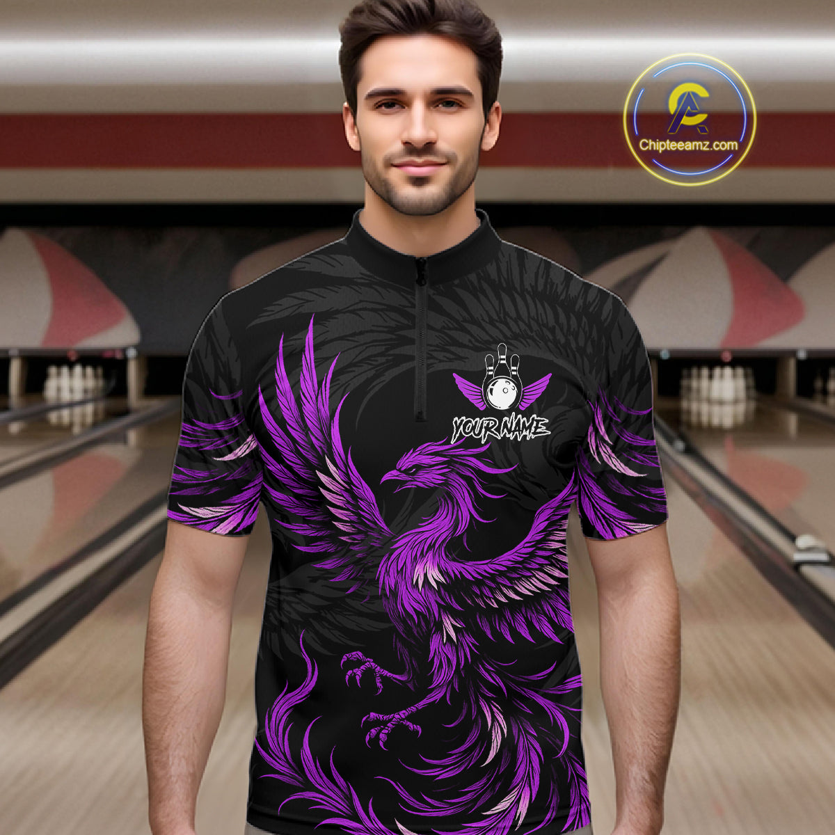 Man wearing black and purple phoenix wings bowling quarter zip shirt front view.
