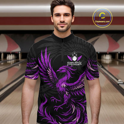 Man wearing black and purple phoenix wings bowling quarter zip shirt front view.
