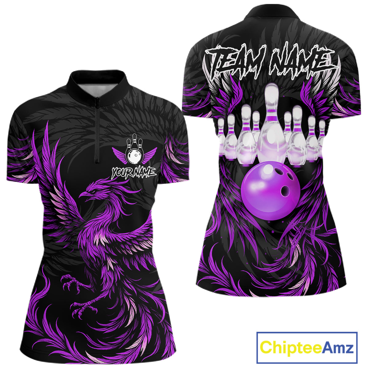Black and purple phoenix wings bowling quarter zip shirt for women.