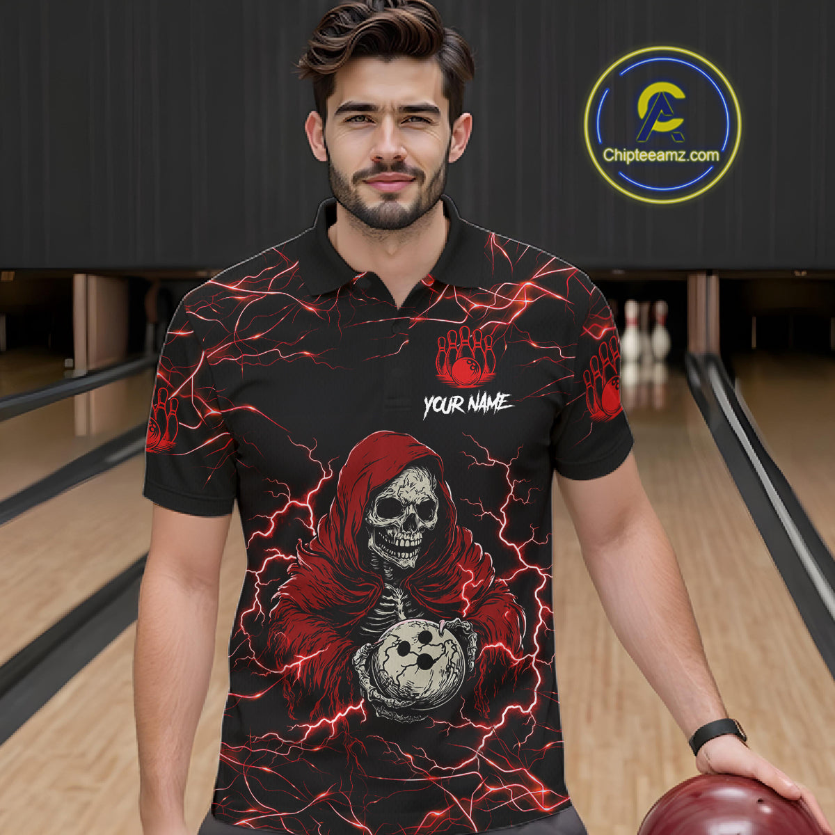 Man wearing black and red grim reaper lightning bowling polo shirt front view.