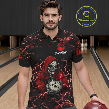 Man wearing black and red grim reaper lightning bowling polo shirt front view.