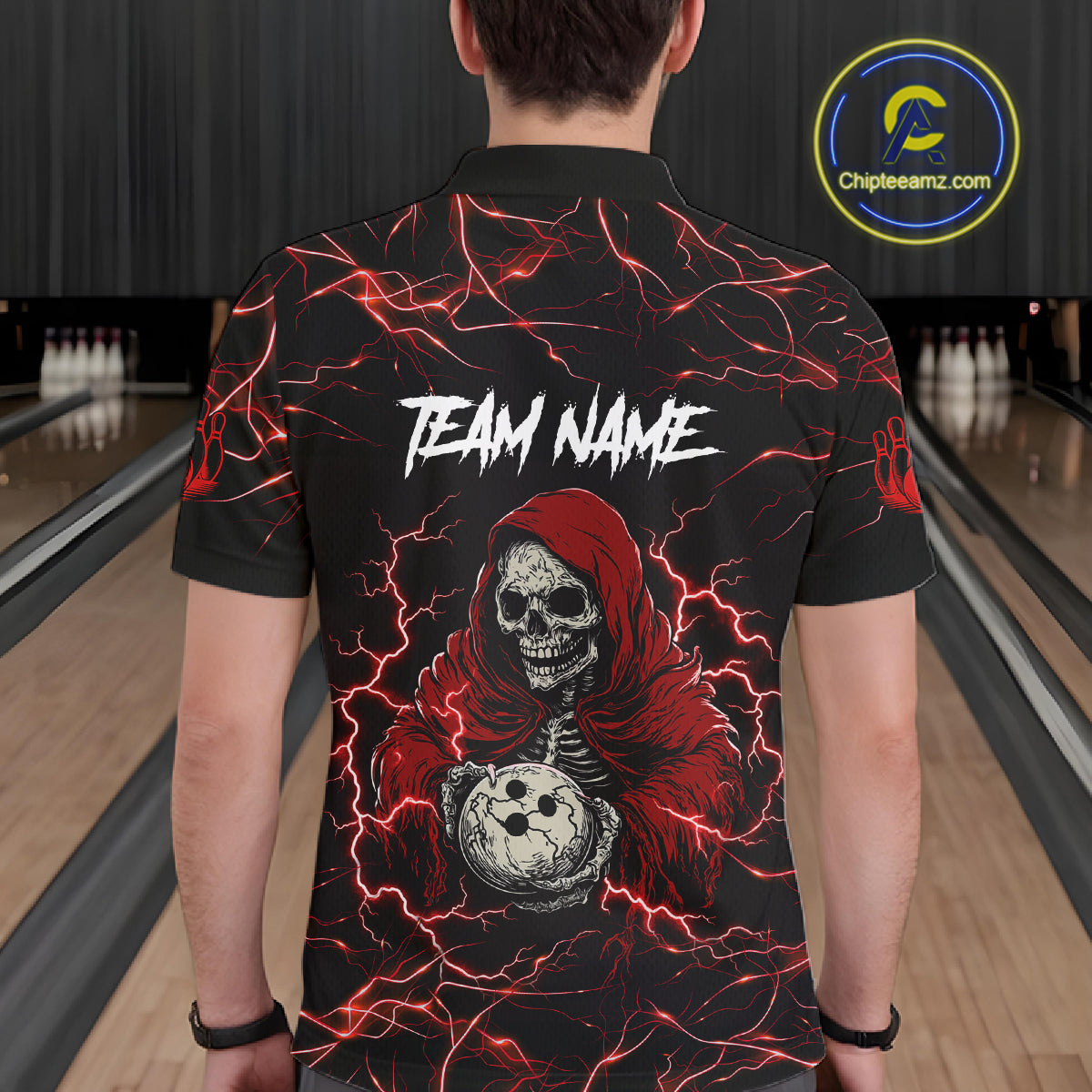 Man wearing black and red grim reaper lightning bowling polo shirt back view.