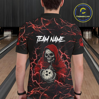 Man wearing black and red grim reaper lightning bowling polo shirt back view.
