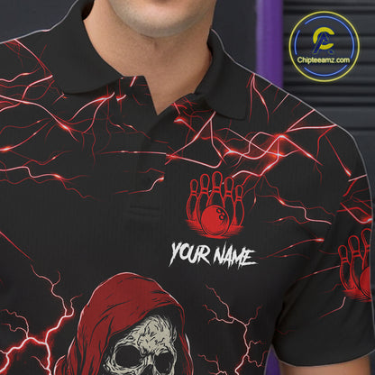 Close up of black and red grim reaper lightning bowling polo shirt collar, buttons and chest design.