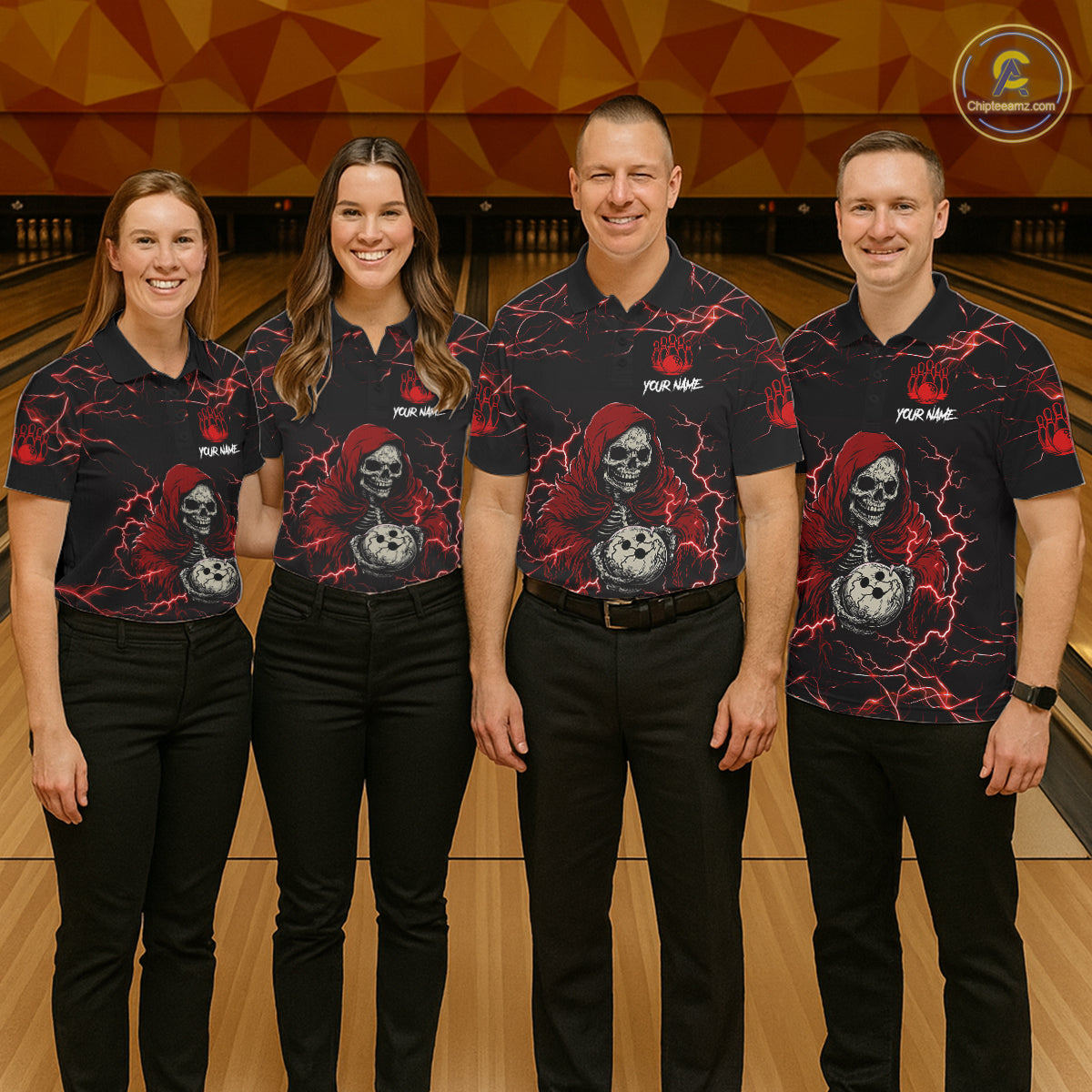 Bowling team wearing matching black and red grim reaper lightning jerseys front view.