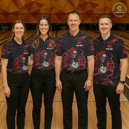 Bowling team wearing matching black and red grim reaper lightning jerseys front view.