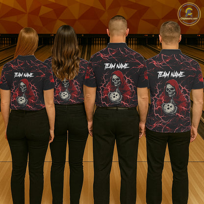 Bowling team wearing matching black and red grim reaper lightning jerseys back view.