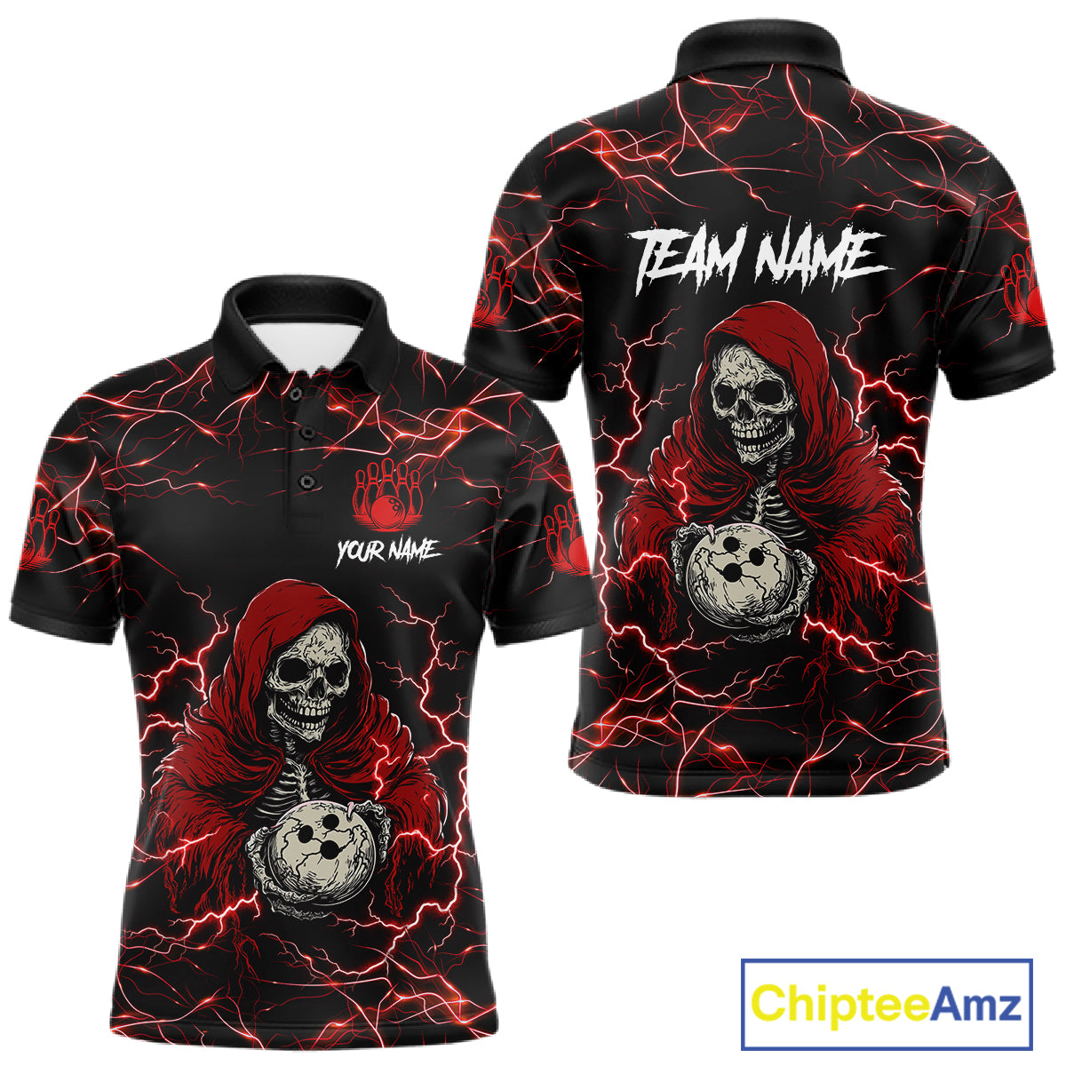 Black and red grim reaper lightning bowling team polo shirt for men.