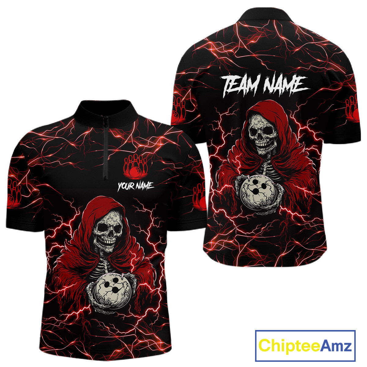 Black and red grim reaper lightning bowling quarter zip shirt for men.