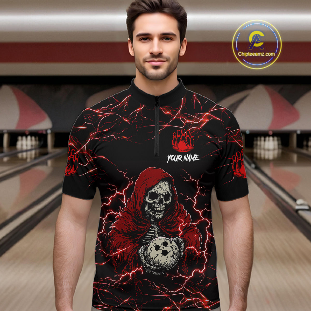 Man wearing black and red grim reaper lightning bowling quarter zip shirt front view.