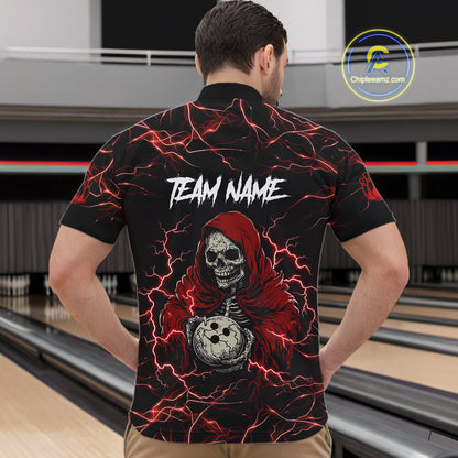 Man wearing black and red grim reaper lightning bowling quarter zip shirt back view.