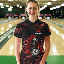 Load image into Gallery viewer, Woman wearing black and red grim reaper lightning bowling quarter zip shirt front view.