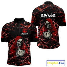 Load image into Gallery viewer, Black and red grim reaper lightning bowling quarter zip shirt for men.