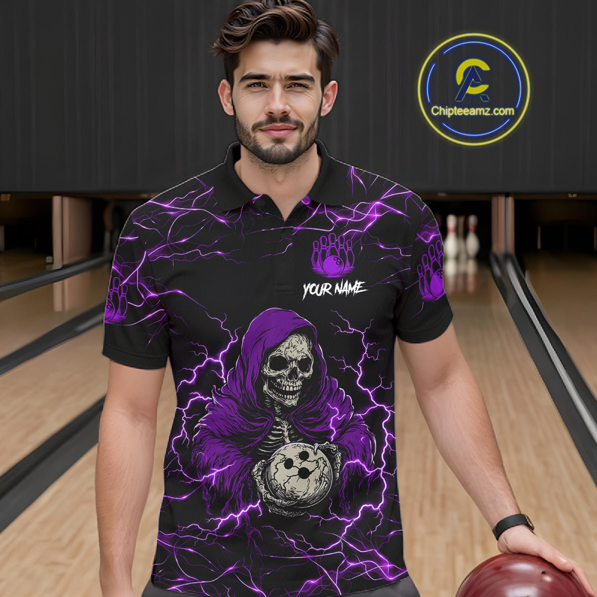 Man wearing purple grim reaper lightning bowling polo shirt front view.