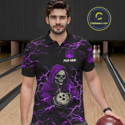 Man wearing purple grim reaper lightning bowling polo shirt front view.
