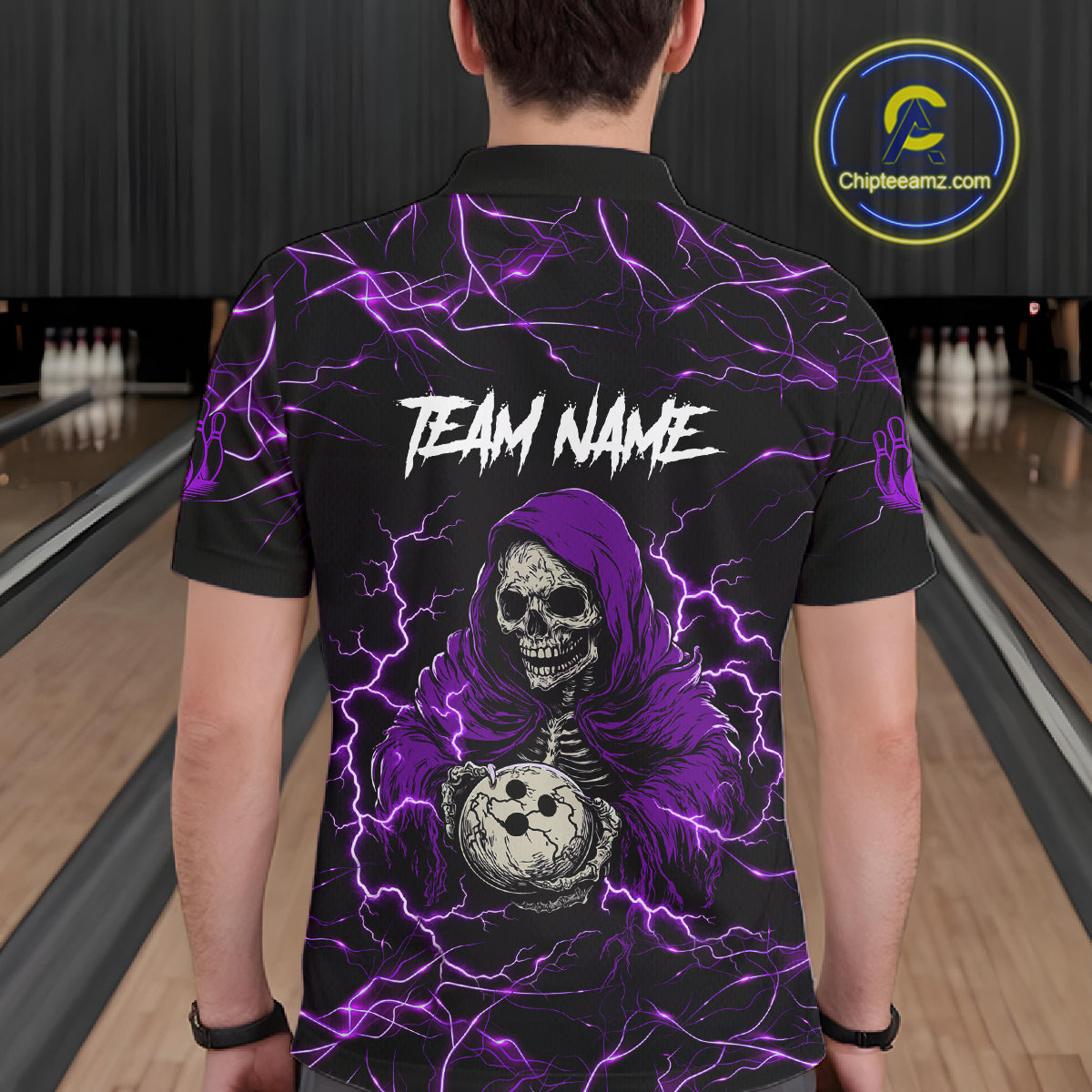 Man wearing purple grim reaper lightning bowling polo shirt back view.