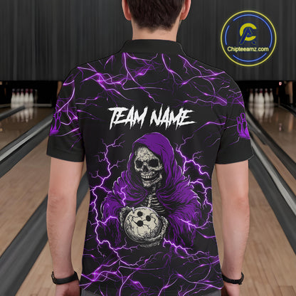 Man wearing purple grim reaper lightning bowling polo shirt back view.
