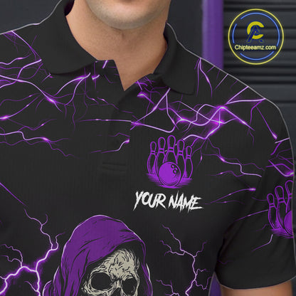 Close up of purple grim reaper lightning bowling polo shirt collar, buttons and chest design.