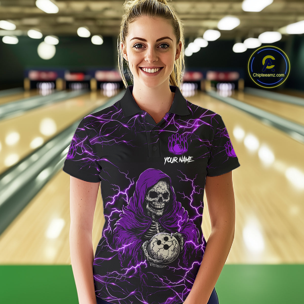 Woman wearing purple grim reaper lightning bowling polo shirt front view.