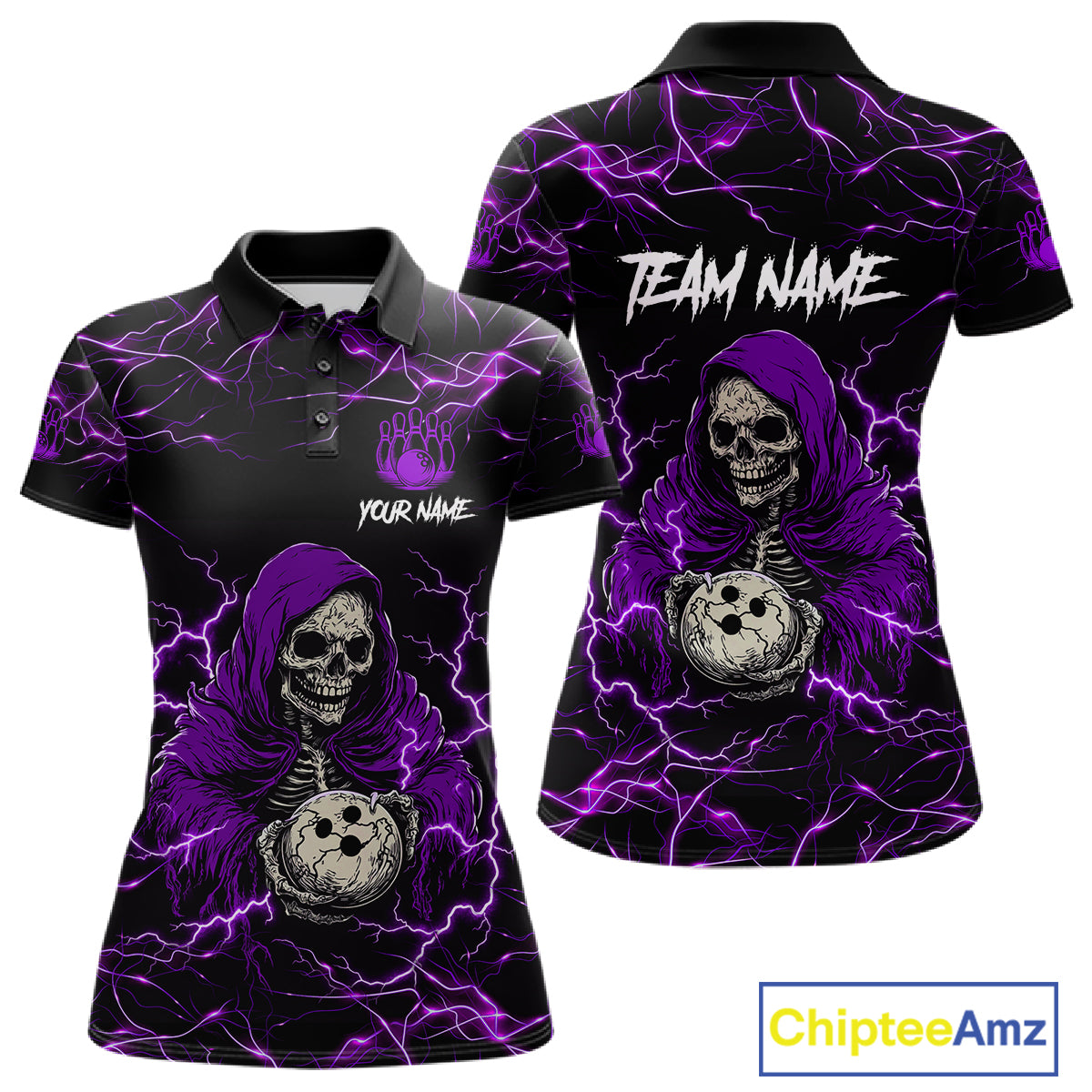 Purple grim reaper lightning bowling polo shirt for women, custom bowling league team jersey.