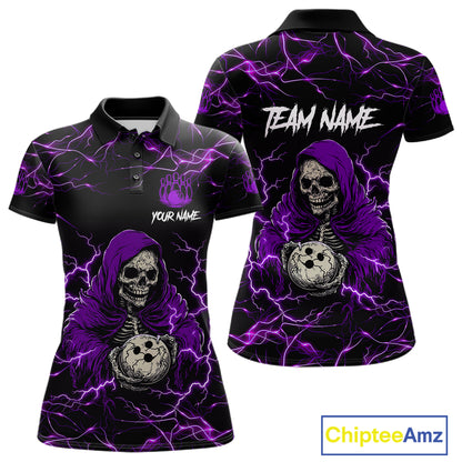Purple grim reaper lightning bowling polo shirt for women, custom bowling league team jersey.