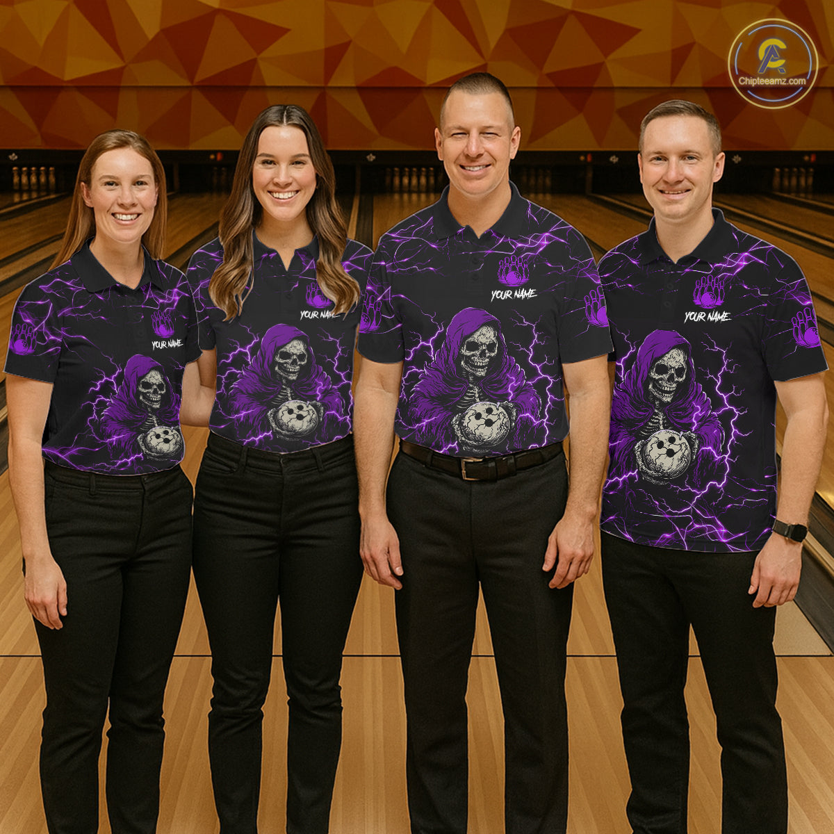 Bowling team wearing matching purple grim reaper lightning jerseys back view.