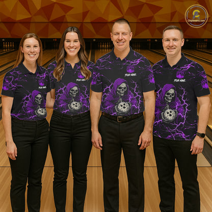 Bowling team wearing matching purple grim reaper lightning jerseys back view.