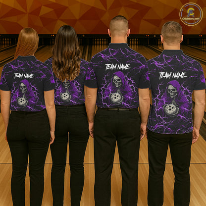 Bowling team wearing matching purple grim reaper lightning jerseys front view.