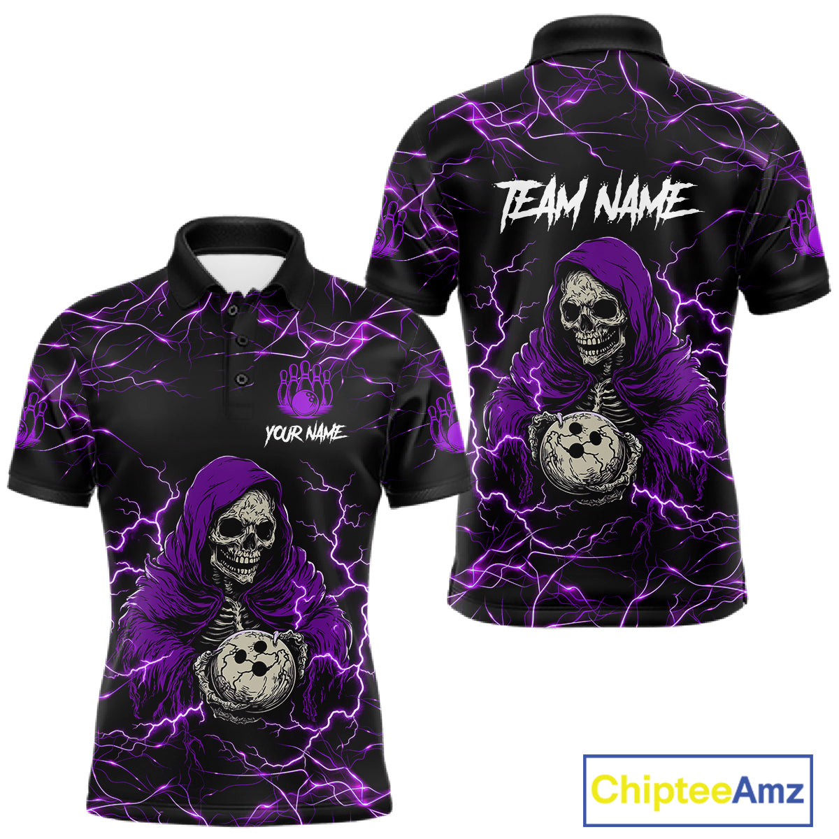 Purple grim reaper lightning bowling team polo shirt for men.