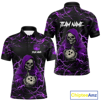 Purple grim reaper lightning bowling team polo shirt for men.