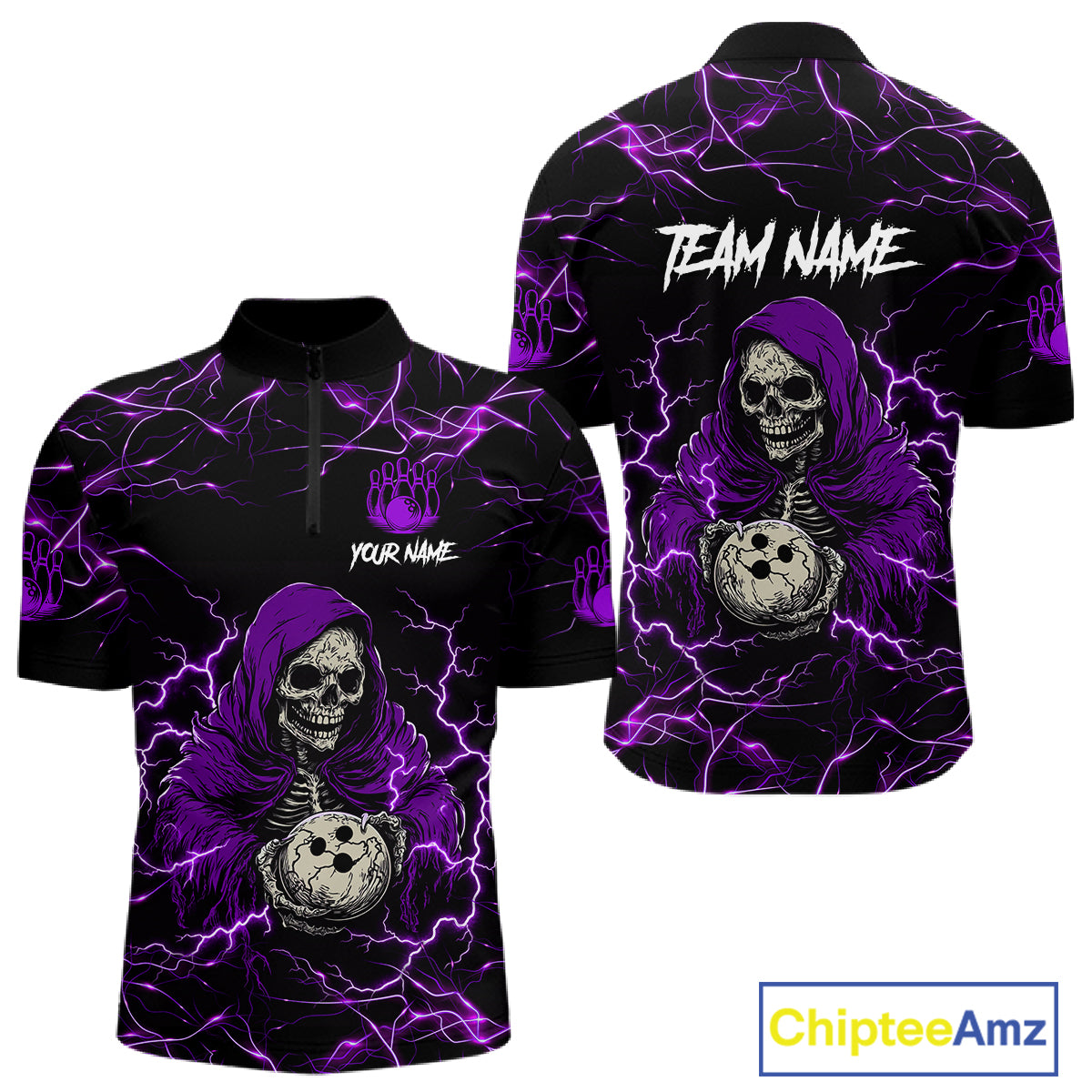 Purple grim reaper lightning bowling quarter zip shirt for men.