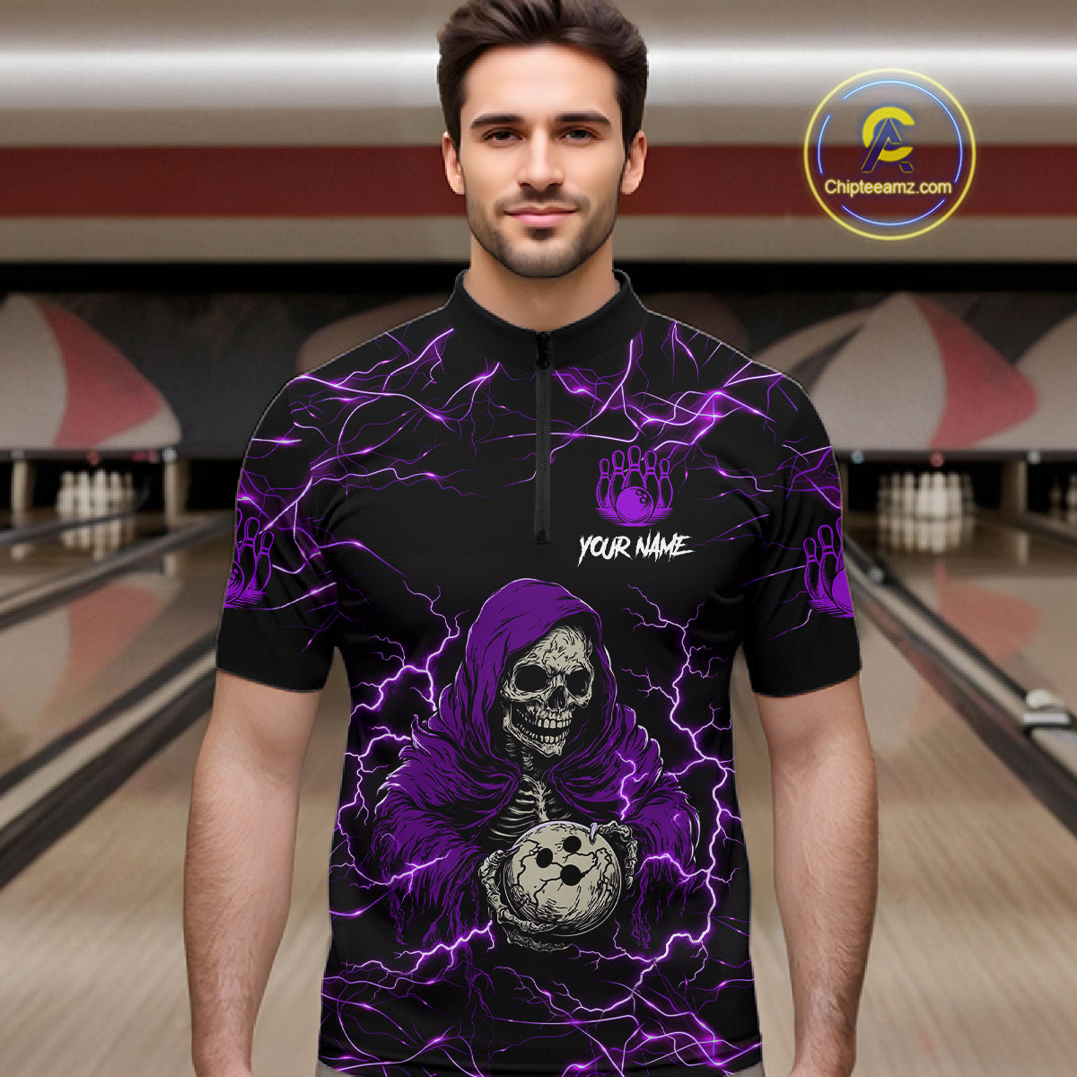 Man wearing purple grim reaper lightning bowling quarter zip shirt front view.