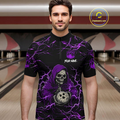 Man wearing purple grim reaper lightning bowling quarter zip shirt front view.