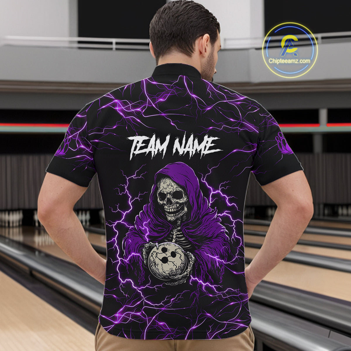 Man wearing purple grim reaper lightning bowling quarter zip shirt back view.