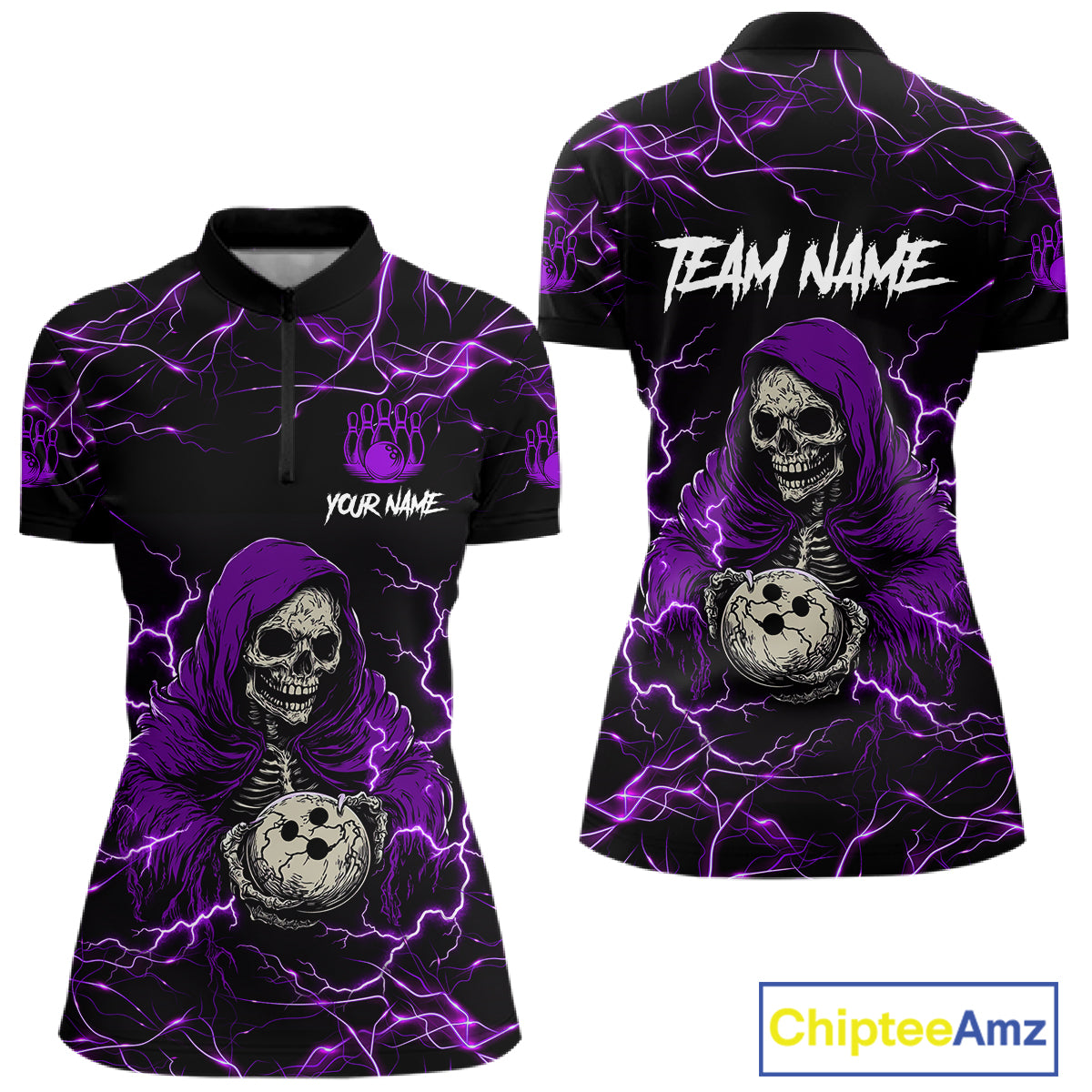 Purple grim reaper lightning bowling quarter zip shirt for women.