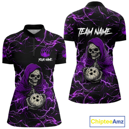 Purple grim reaper lightning bowling quarter zip shirt for women.