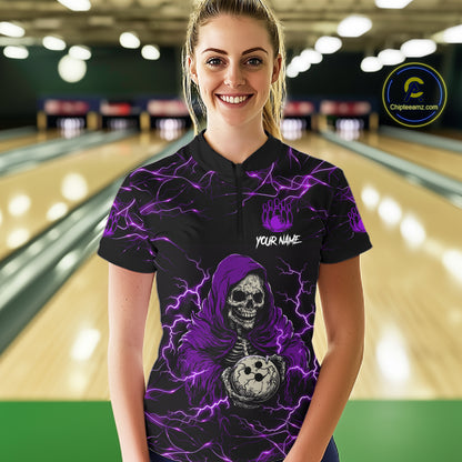 Woman wearing purple grim reaper lightning bowling quarter zip shirt front view.