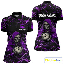 Load image into Gallery viewer, Purple grim reaper lightning bowling quarter zip shirt for women.